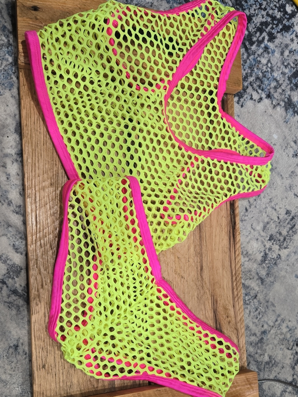 Neon Mesh Crop Top & Brief Set - Yellow Green with Hot Pink Trim